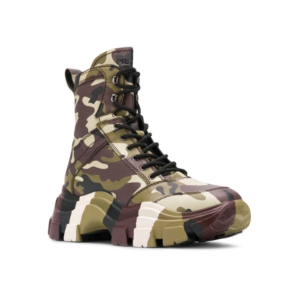 PRADA men’s leather combat boots with camouflage print